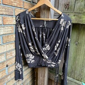 Free People Fiona Floral Boho Black Wrap Blouse